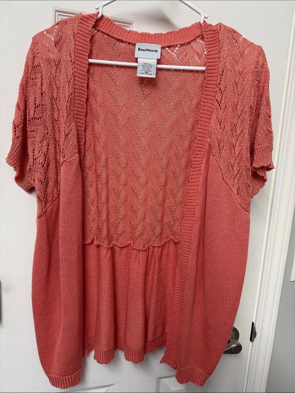BonWorth Dusty Coral with Gold Thread Open-Front Short Sleeve Knit Cardigan